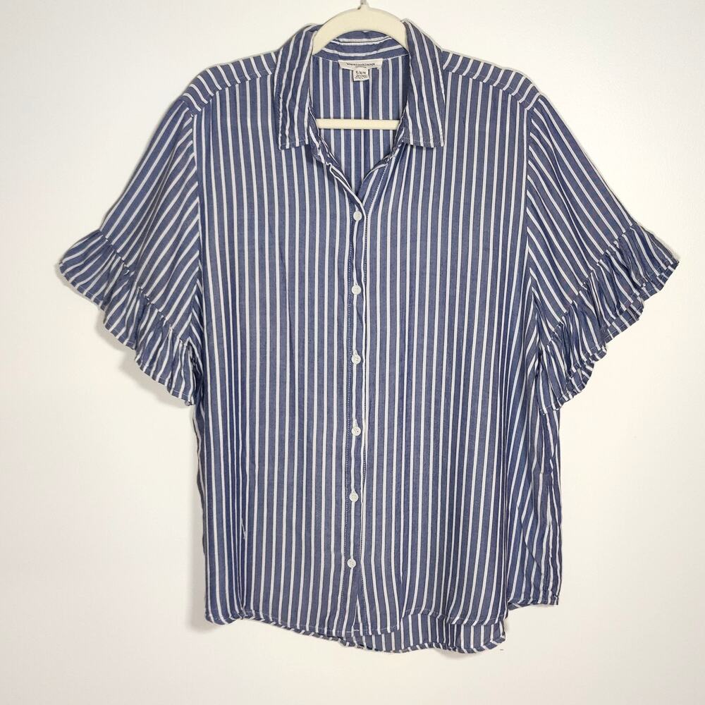 Beach Lunch Lounge Blue White Stripe Ruffle Sleeve Blouse XL Coastal